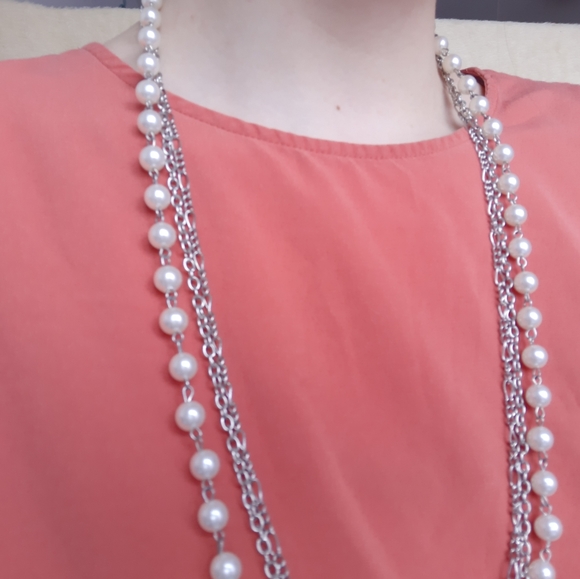Pearl and silver chain necklace - Picture 4 of 6